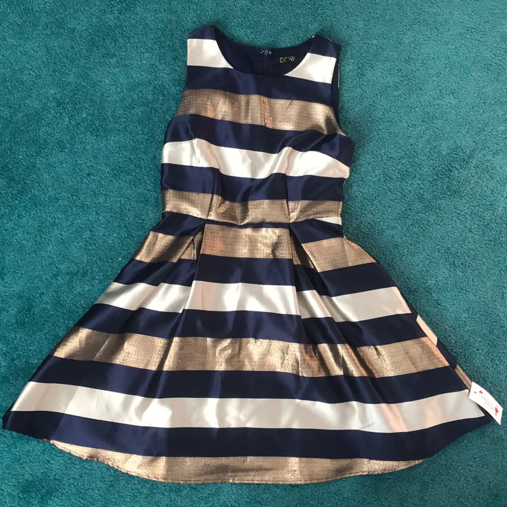 Navy blue and gold striped holiday dress